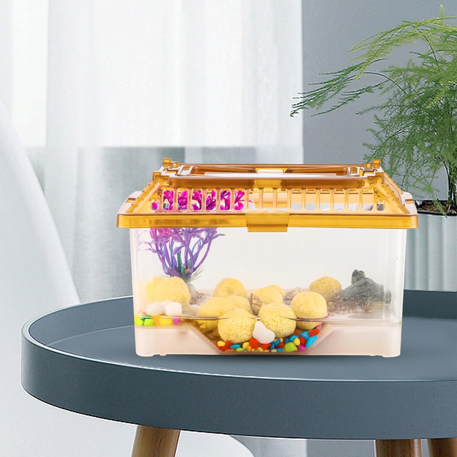 Small Turtle Tank with Handle and Cover with Platform Reptile Habitat Container Turtle Breeding Box Pet Feeding Box for Crayfish Lizards