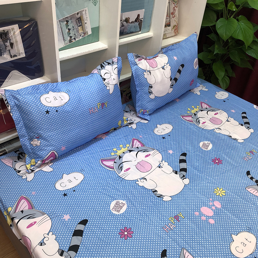 Set Ga Gối 3 Món Cotton Poly Hình Mèo Thần Tài MSP: CH17 + Tặng 1 Vỏ Gối Ôm