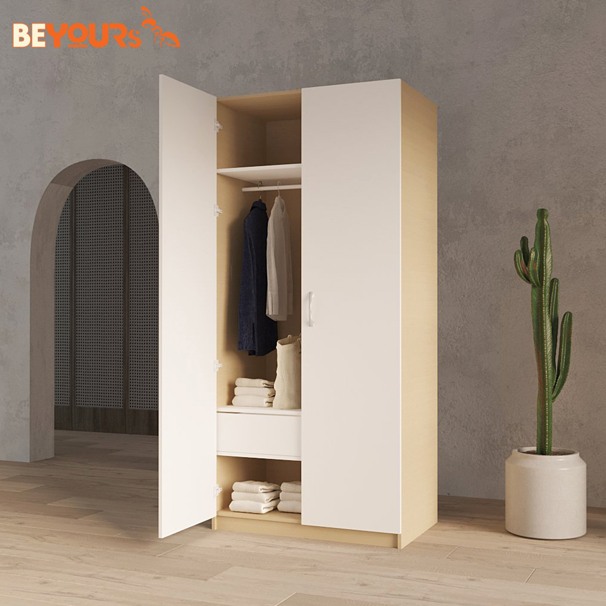 Tủ Quần Áo Gỗ Cửa Mở BEYOURs Mina 2 Cánh Màu Trắng Phối Gỗ Hiện Đại Thiết Kế Nhiều Ngăn Tiện Dụng