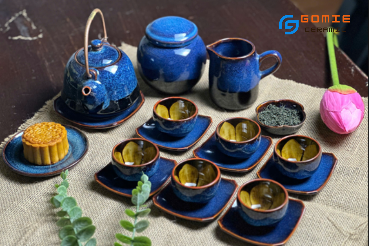 Bộ Ấm Bầu Quai Đồng Long Chén Đúc Hoa Hỏa Biến Xanh Sóng Biển đầy đủ phụ kiện