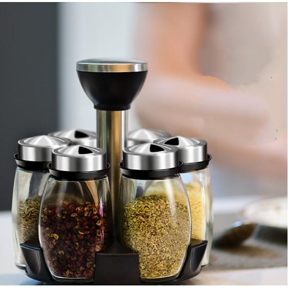 Bộ đựng gia vị 6 món xoay 360 độ thuỷ tinh CNAS Luxyry