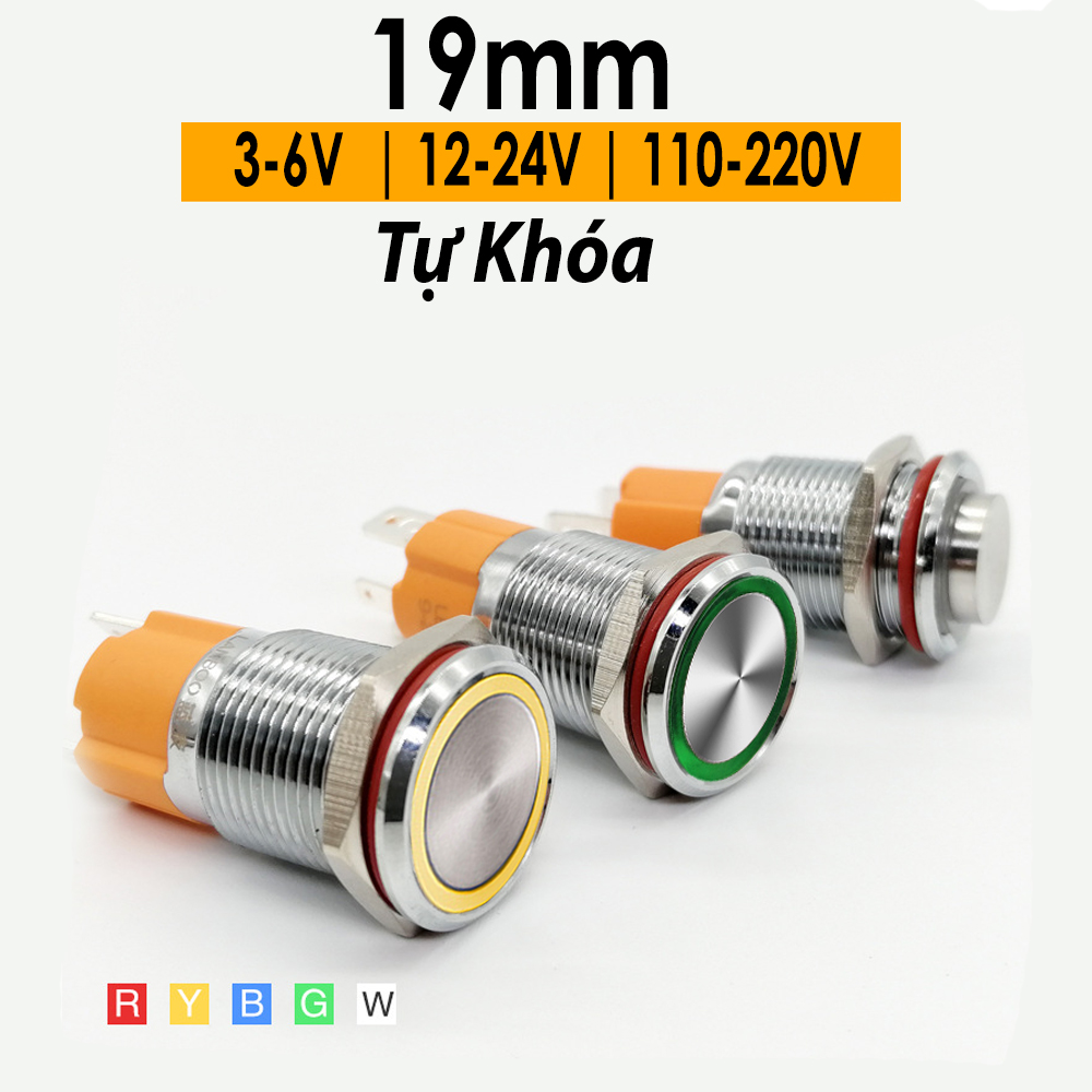 Nút công tắc nhấn giữ trạng thái, Nhấn Tự khóa 19mm, Nút Nguồn chế loa và Máy điện tử có Led bằng INOX chống thấm nước 3-6V, 12-24V, 110-220V