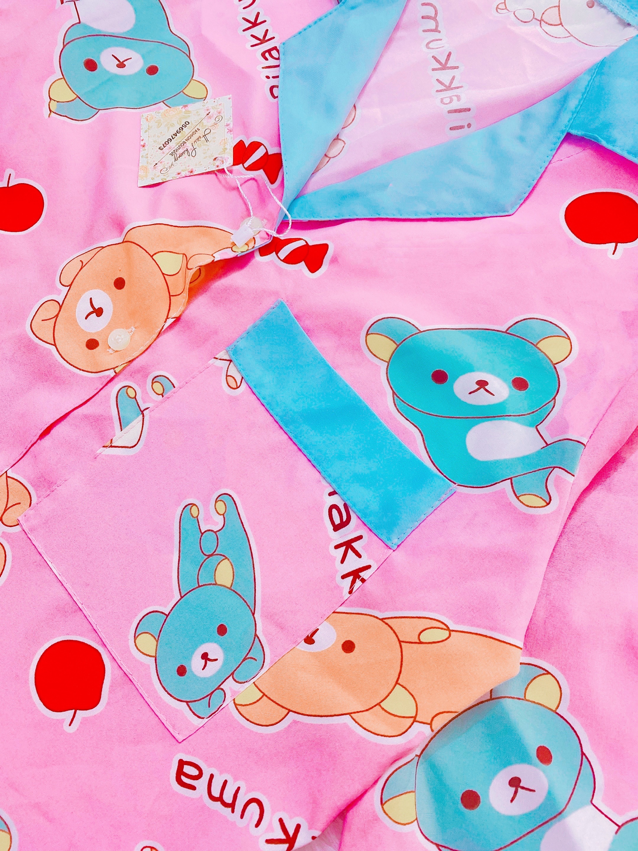 Đồ Bộ Pijama Gấu Hồng Xanh Lụa Thái Mịn Hoạ Tiết Tay Dài Quần Dài Siêu Xinh