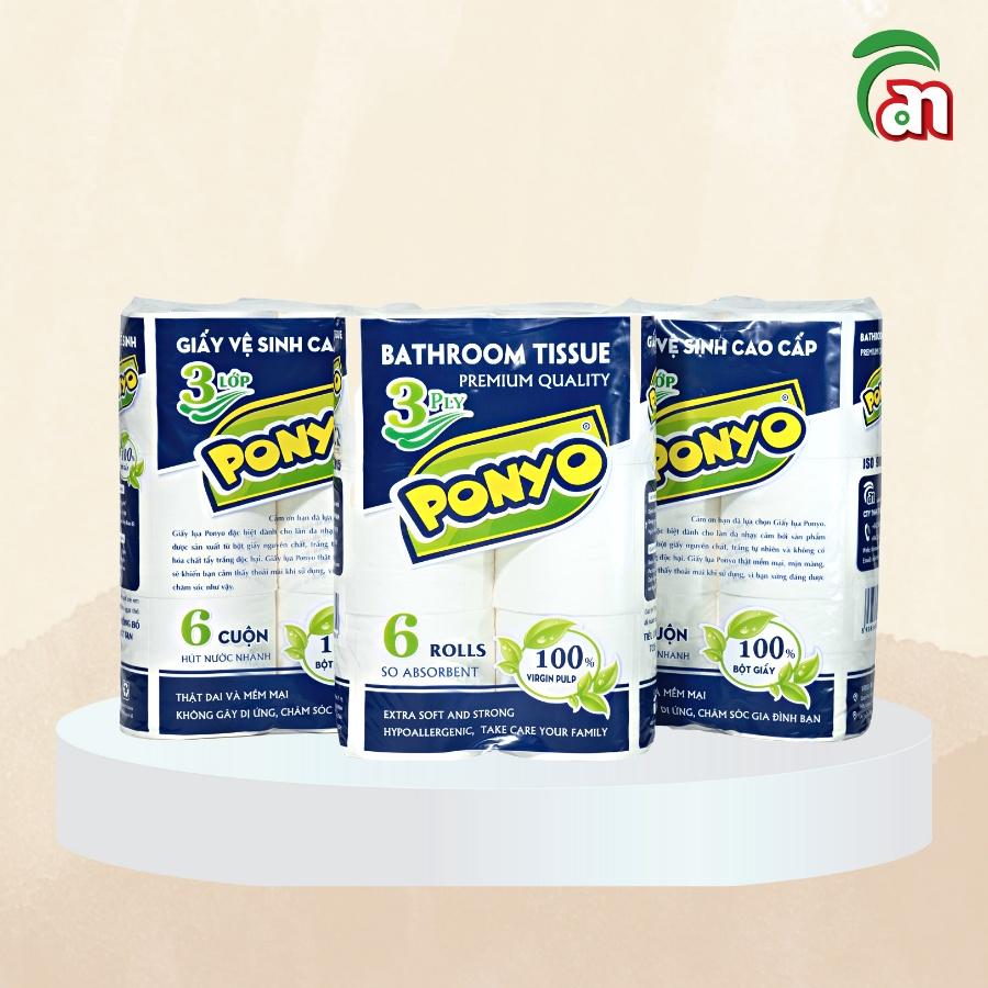 Combo 5 lốc Giấy vệ sinh cuộn nhỏ có lõi PONYO premium cao cấp siêu dày, siêu mịn 3 lớp 6 cuộn/lốc - Thiên An Nam paper