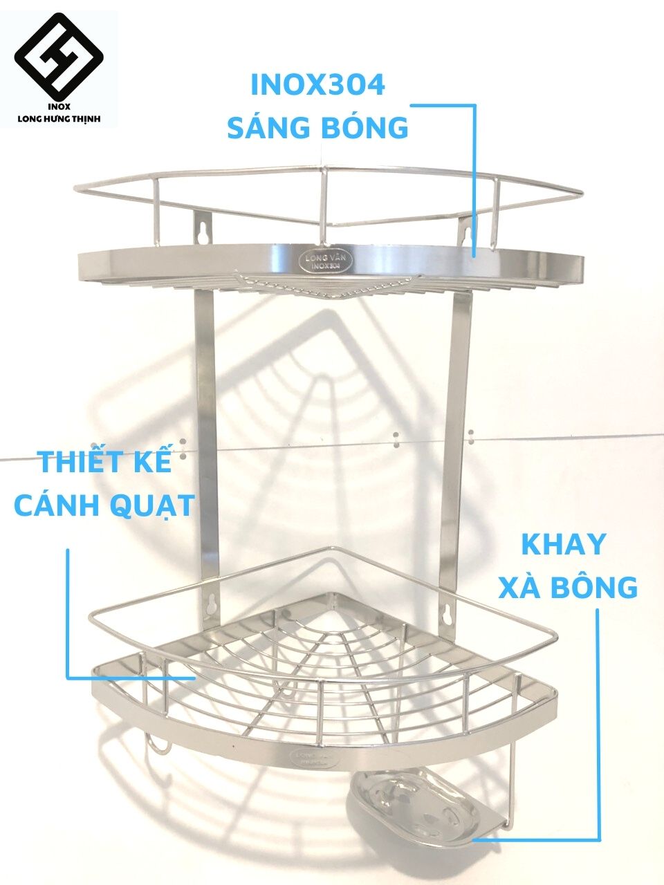 Kệ góc INOX304 có khay xà bông kệ phòng tắm tiện dụng, chất liệu 100% INOX 304 sáng bóng, kệ góc 2 tầng.