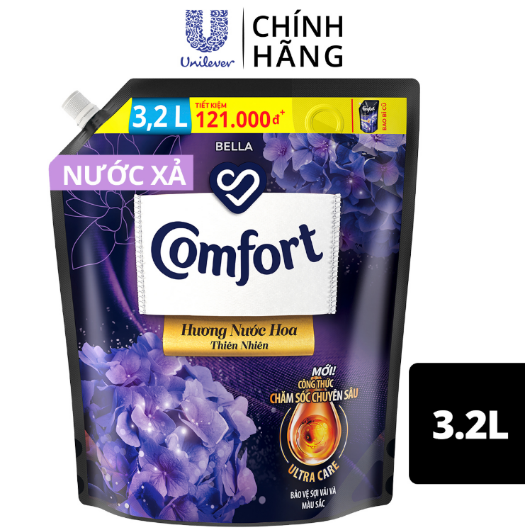 Nước Xả Làm Mềm Vải Comfort Chăm Sóc Chuyên Sâu Giữ Màu &amp; Bền Vải Hương Bella Đậm Đặc Một Lần Xả 3.2L