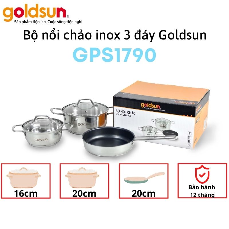 Bộ Nồi Chảo Inox 3 Đáy Goldsun GPS1790 Gồm 2 Nồi 1 Chảo Vung Kính Cường Lực Dùng Cho Mọi Loại Bếp - Hàng chính hãng Goldsun