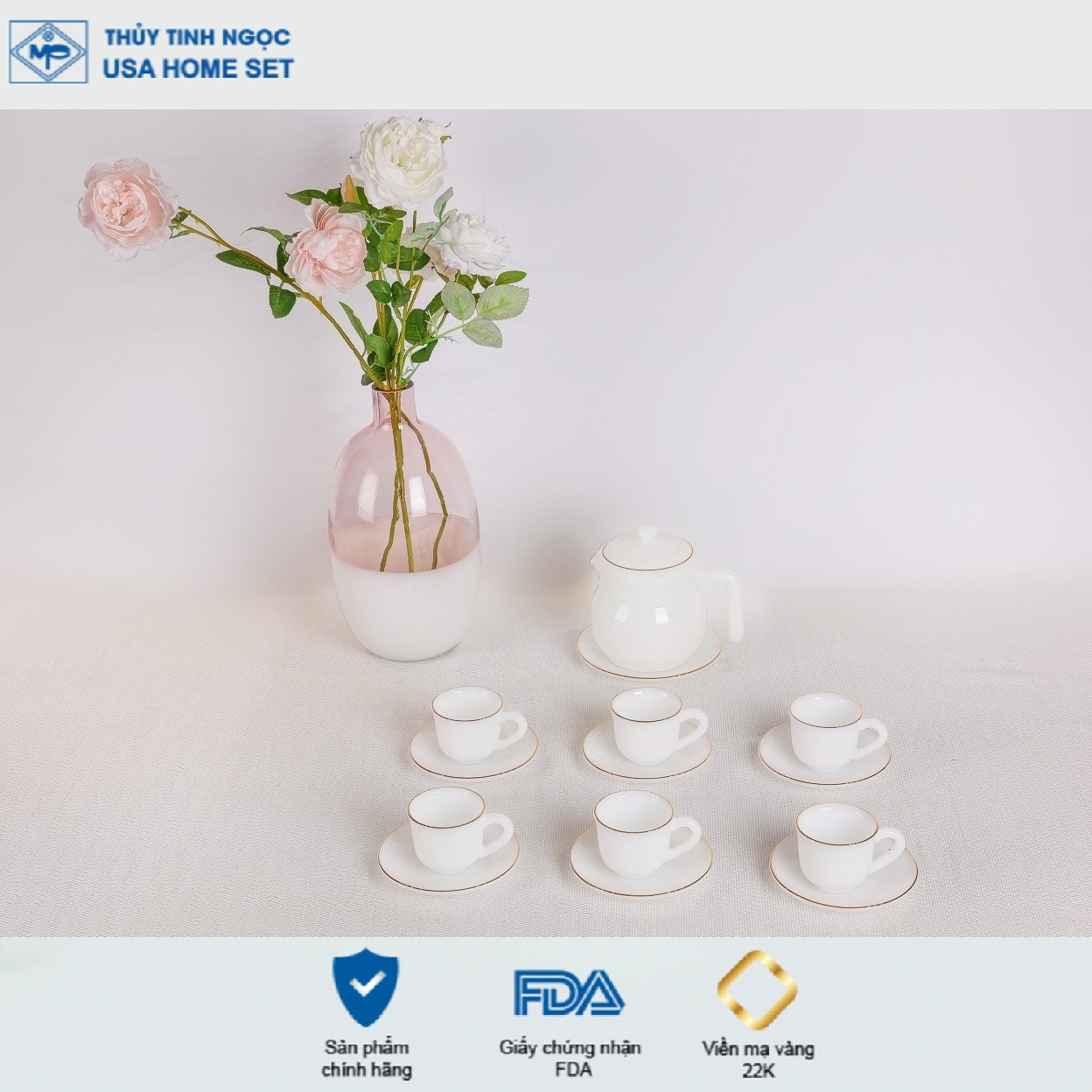 Bộ ấm trà Thủy tinh ngọc Mp USA HomeSet P3066HLPO trắng ngọc