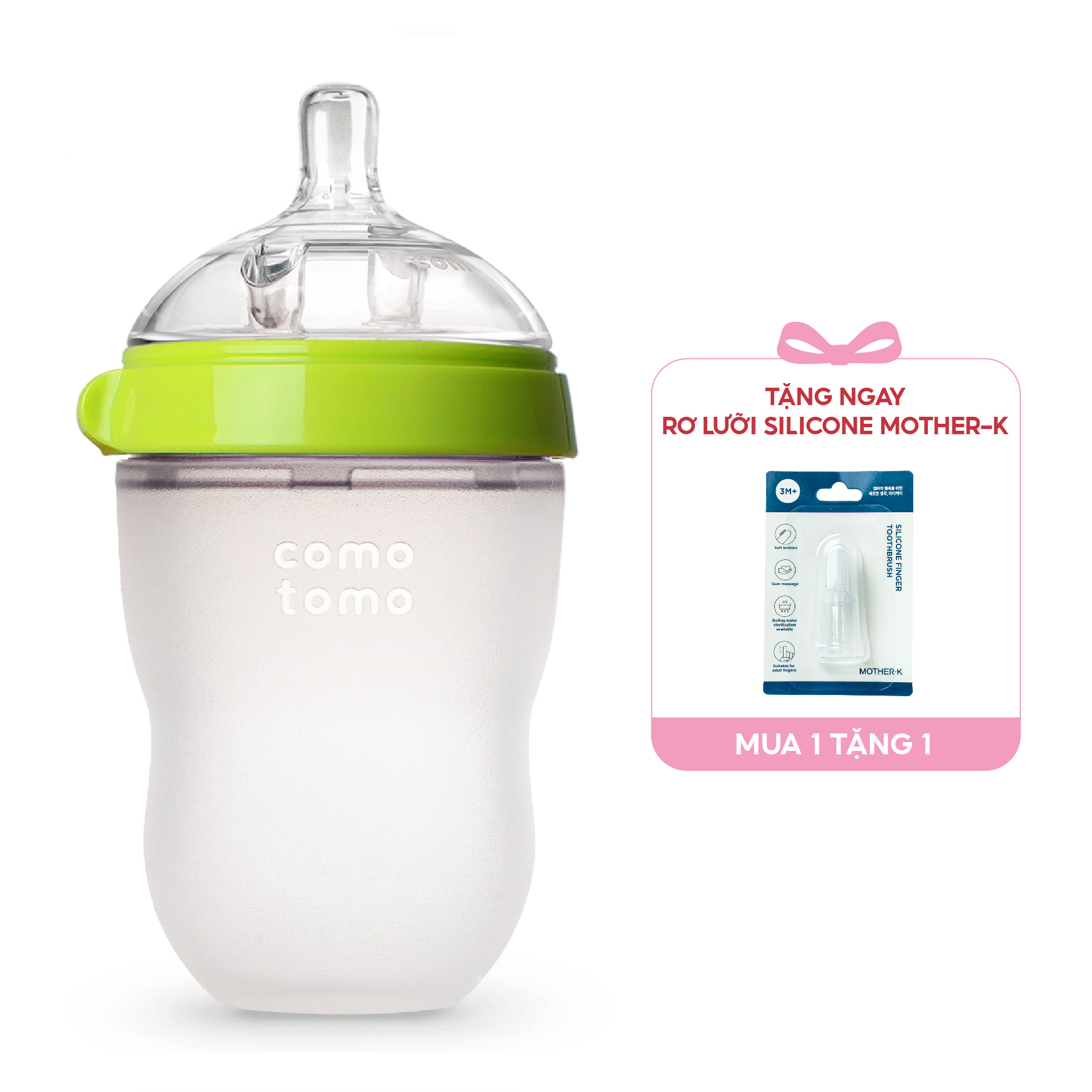 Bình sữa silicone Comotomo 250ml - Xanh Tặng Rơ lưỡi Silicone Mother-K Hàn Quốc