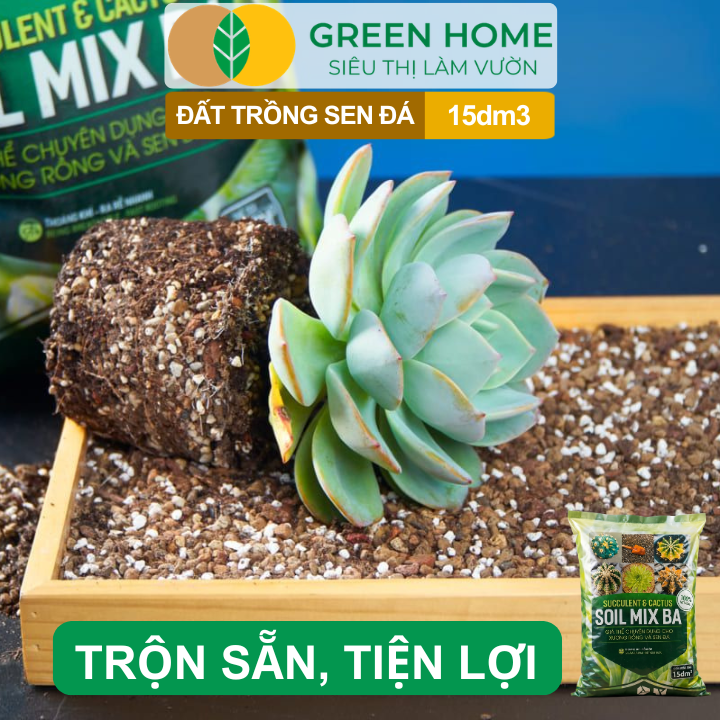 Đất Trồng Sen Đá GreenHome, Soil Mix BA, Bao 15dm3 ~ 6kg, Trộn Sẵn, 70% Đá Khoáng, Thoát Nước Tốt