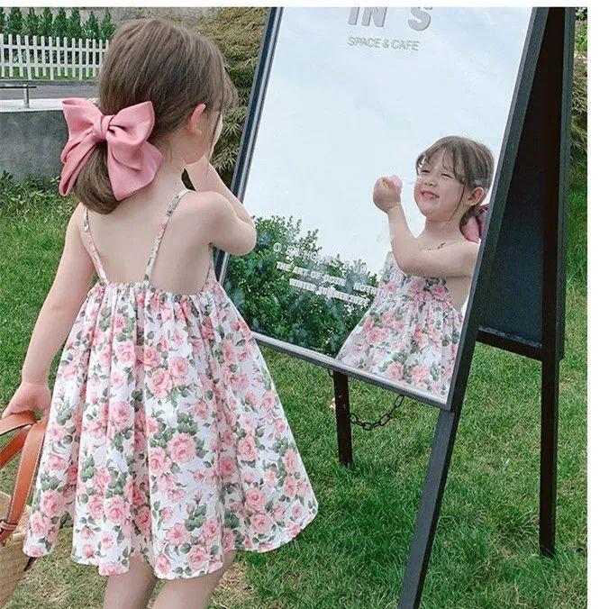 CHENGRUI Quần áo trẻ em 2023 cho bé gái Hàn Quốc phong cách phương Tây cô gái nhỏ sling váy trẻ em hoa mảnh đầm mùa hè váy công chúa