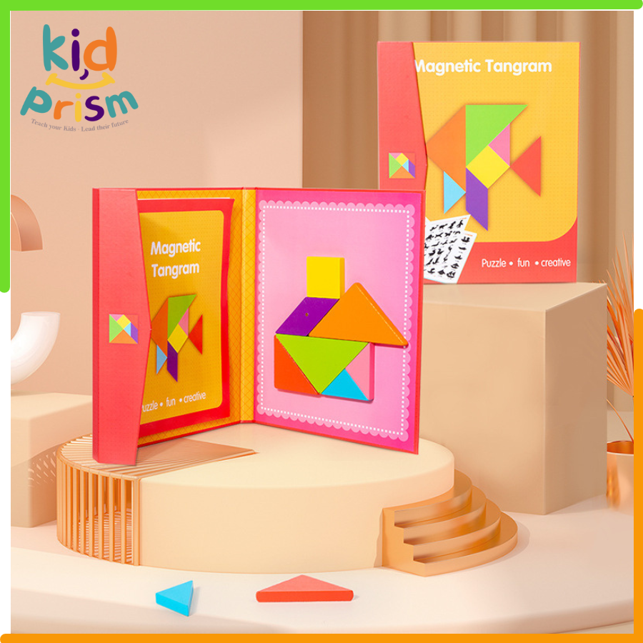 Đồ chơi xếp hìnhTangram bằng gỗ an toàn, có nam châm hút và kèm sách hướng dẫn (Giáo cụ Montessori)