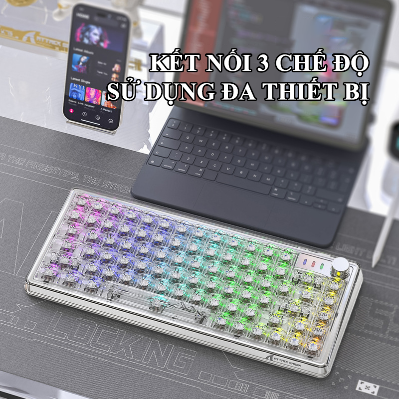 Bàn phím cơ ATTACK SHARK K75RGB thiết kế mini 81 phím hotswap có nút vặn đa phương tiện kèm theo 18 chế độ led RGB - Hàng Chính Hãng