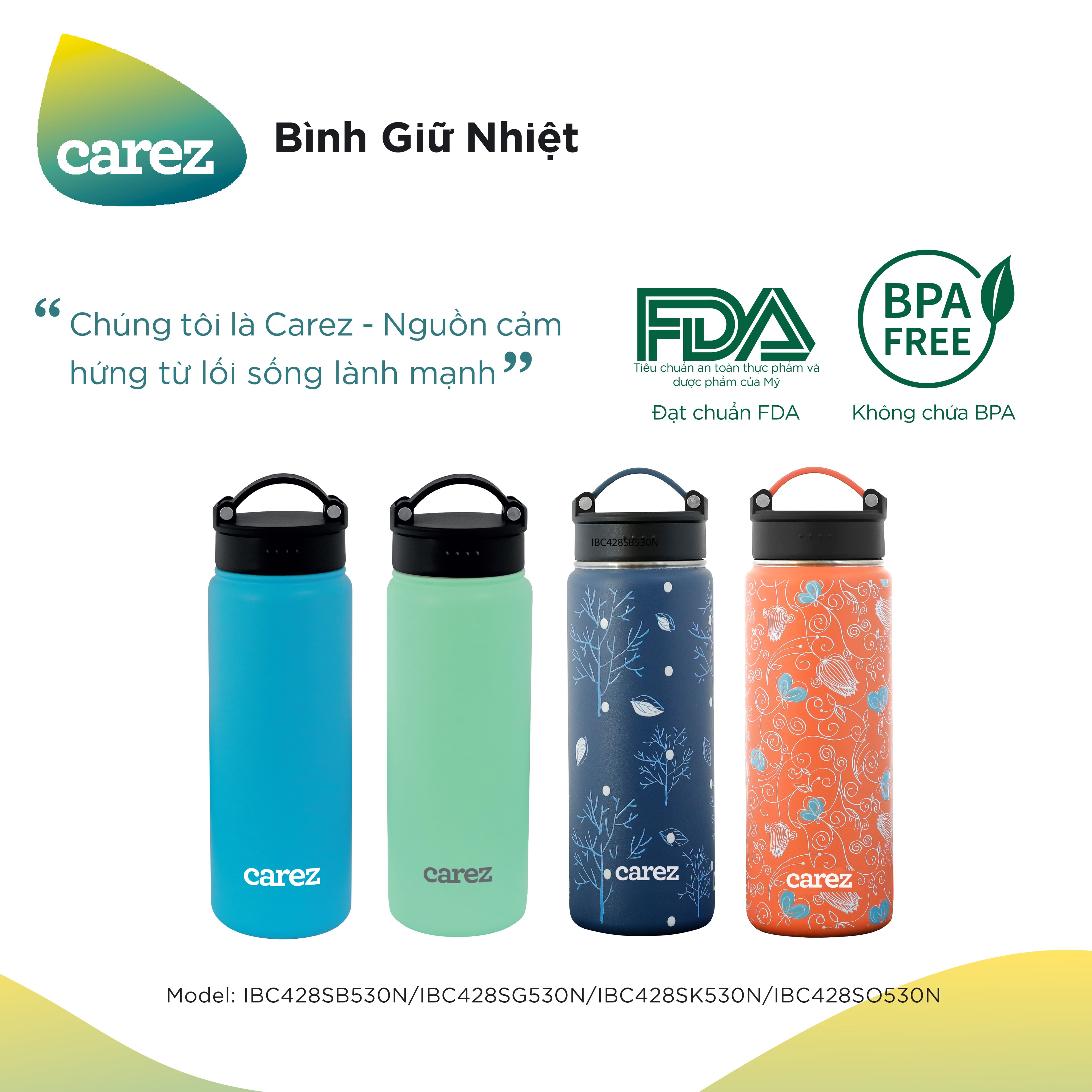 Bình Giữ Nhiệt Carez IBC428SO530N - MÀU CAM - 530ml, Inox 304, Không chứa BPA - Giữ nóng đến 6 tiếng, giữ lạnh đến 12 tiếng - Hàng chính hãng