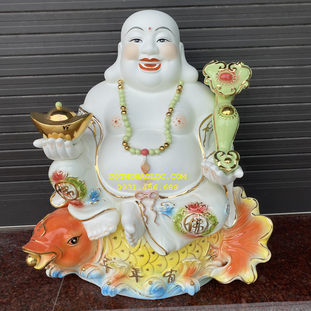 Tượng Di Lặc men sứ ngồi trên cá chép hóa rồng cao 50cm
