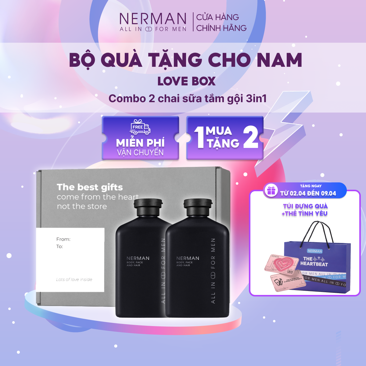 Bộ quà tặng cho nam LOVE BOX - 2 Sữa tắm gội hương nước hoa cao cấp NERMAN 350ml/chai