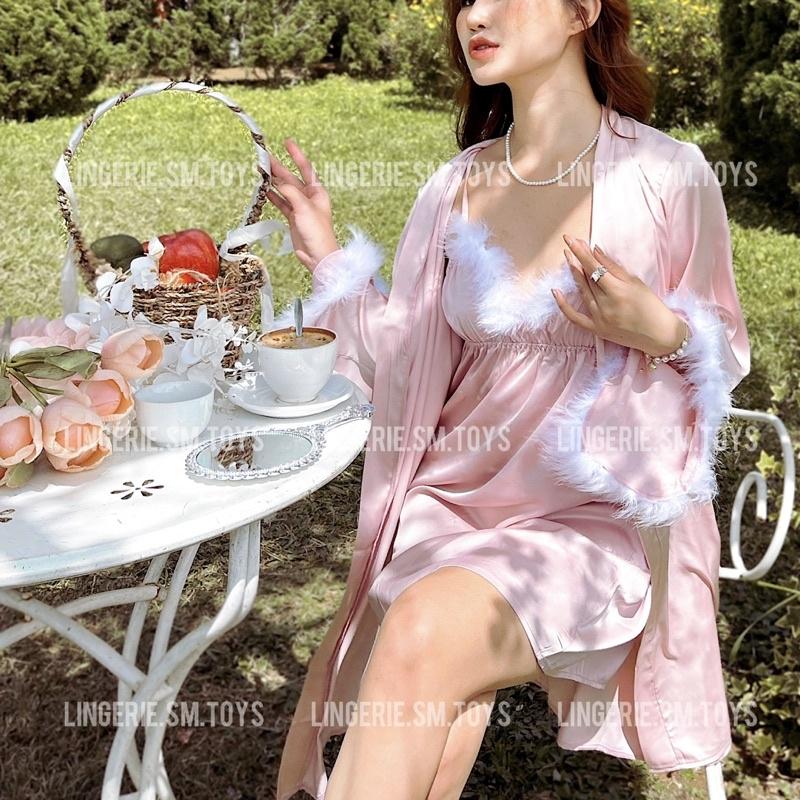 Váy Ngủ Satin Viền Lông Vũ Cao Cấp mã QR19055 @lingerie.sm.toys