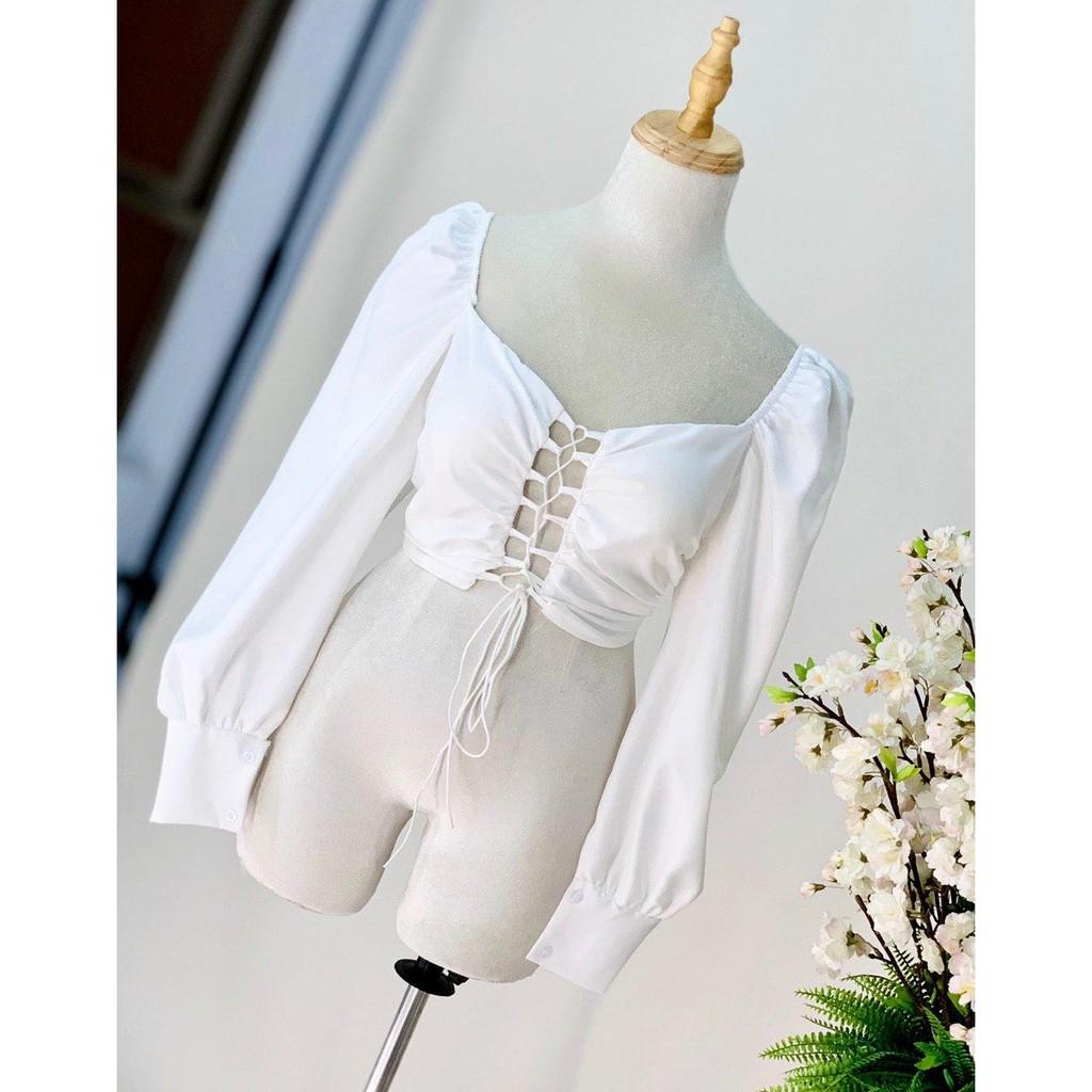 (ẢNH THẬT) Áo Croptop Đan Dây Tay Dài Daisy (TRẮNG+ĐEN