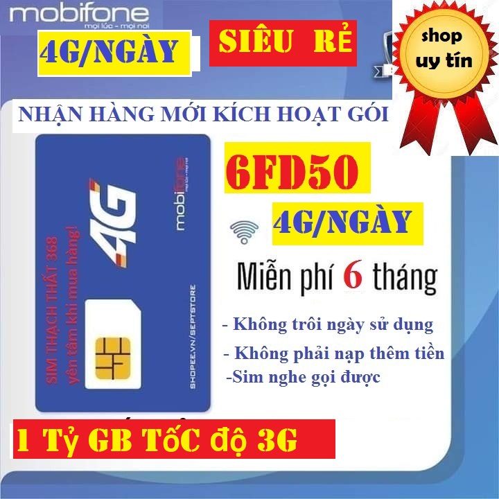 Sim 4G Mobifone 500G/tháng,chưa kích hoạt-Miễn phí 6 tháng, 6MDTT150- Hãng chính hãng