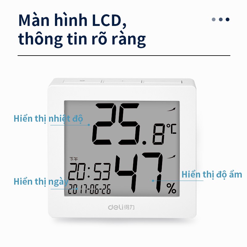 Nhiệt ẩm kế điện tử Deli - Đo nhiệt độ, độ ẩm trong nhà, phòng ngủ cho bé - Tích hợp đồng hồ xem giờ, ngày tháng - 8813