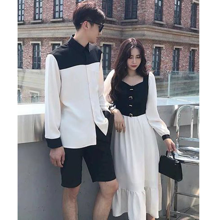 ÁO ĐÔI NAM NỮ ÁO SƠ MI NAM  ĐẦM XÒE  NỮ ĐEN TRẮNG, ĐỒ CẶP TÌNH NHÂN PHONG CÁCH HÀN QUỐC ĐI BIỂN CHỤP HÌNH CƯỚI - SMICE HOUSE