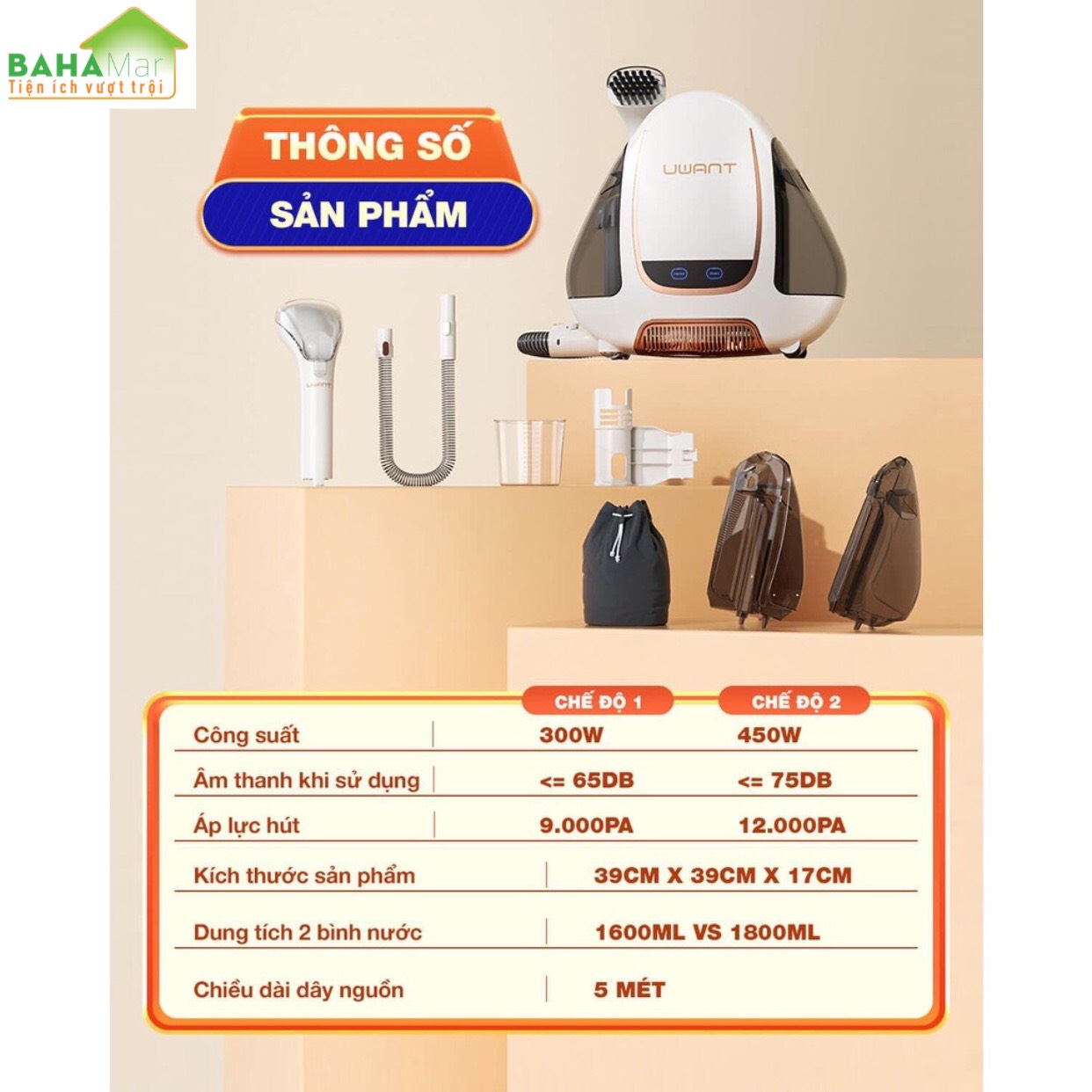 MÁY ĐA NĂNG HÚT CHÂN KHÔNG VÀ GIẶT THẢM, SOFA - MÁY LÀM SẠCH VẢI DI ĐỘNG UWANT B100 &quot;BAHAMAR&quot; giúp loại bỏ hoàn toàn các vết bẩn một cách nhanh chóng và triệt để, đem lại hiệu quả cao nhưng vẫn đảm bảo không làm ảnh hưởng vải