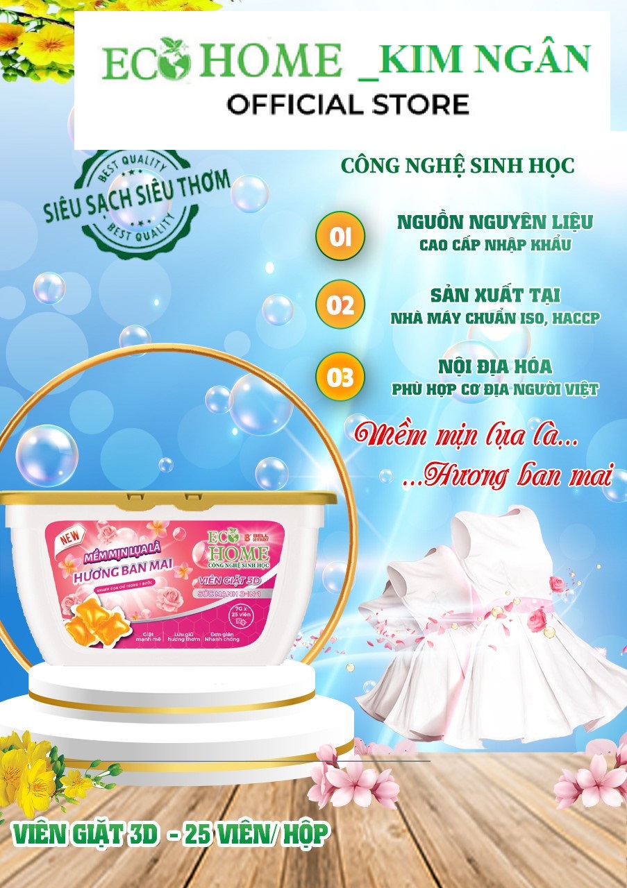 Viên giặt quần áo công nghệ sinh học ECOHOME Kim Ngân Store giúp quần áo sạch sẽ,lưu hương thơm lâu, mùi hương ban mai