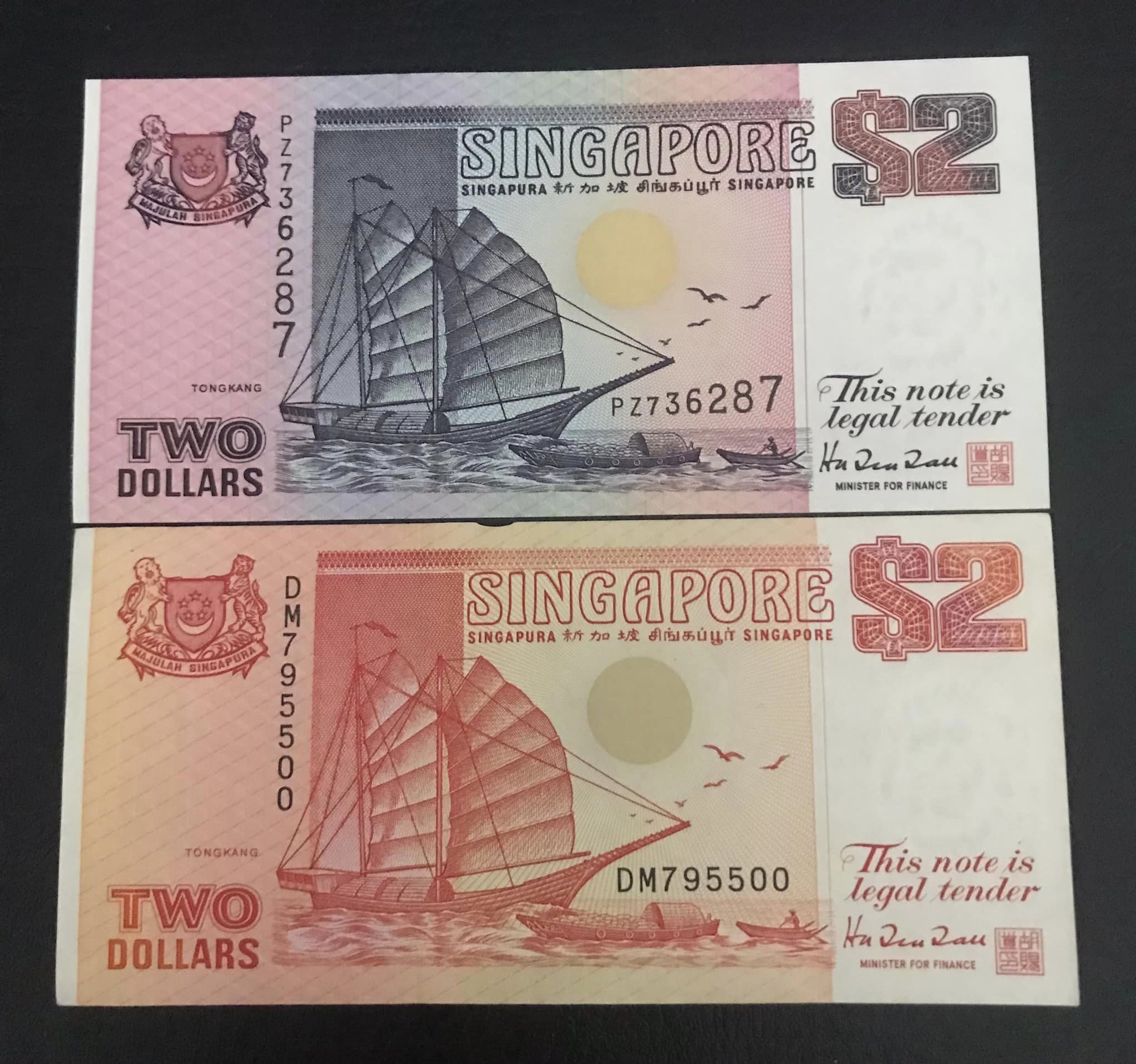 Combo 2 tờ tiền Singapore 2 đô thuận buồm xuôi gió khác màu nhau