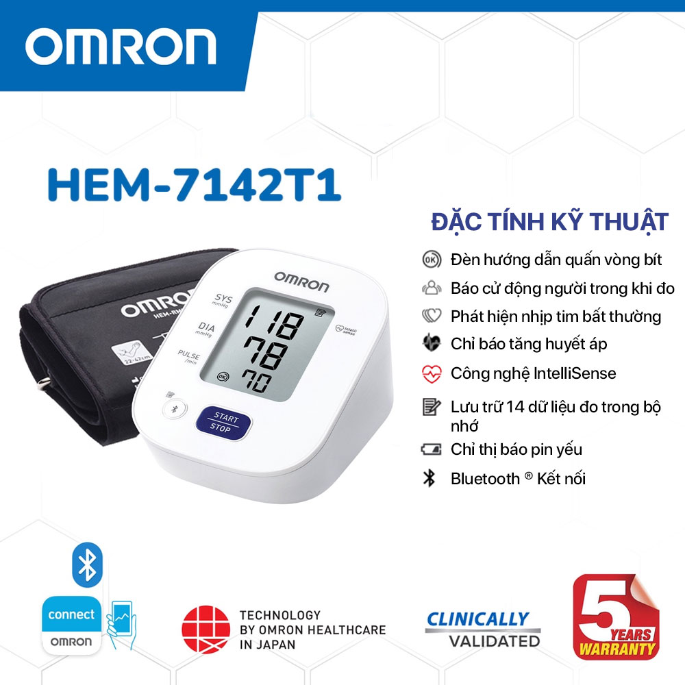 Máy đo huyết áp Omron HEM-7142T1 phát hiện nhịp tim không đều, bộ nhớ 14 kết quả đo có kết nối Bluetooth, Model mới 2022 + Tặng kèm adapter chính hãng