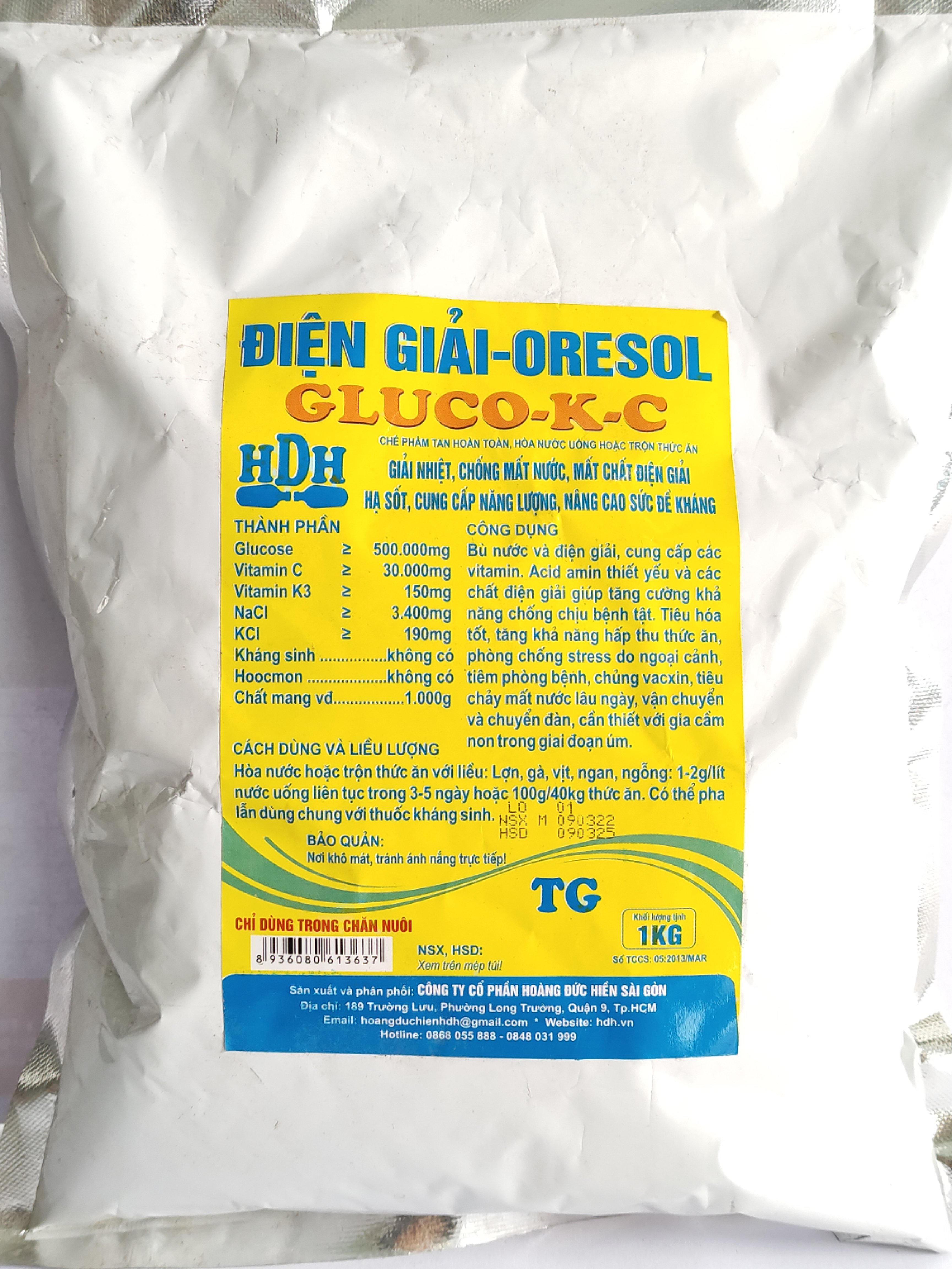 HDH ĐIỆN GIẢI ORESOL GLUCO KC 1KG chế phẩm tan hoàn toàn hoà nước uống hoặc trộn thức ăn giải nhiệt, chống mất nước, mất chất điện giải, hạ sốt, cũng cấp năng lượng