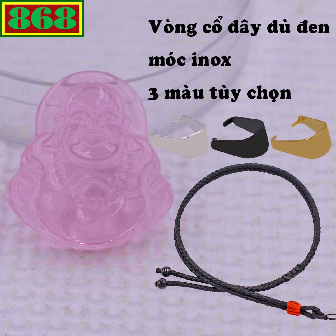 Mặt Phật Di lặc Pha lê hồng 3.6 cm kèm vòng cổ dây dù đen + móc inox vàng, mặt dây chuyền Phật cười