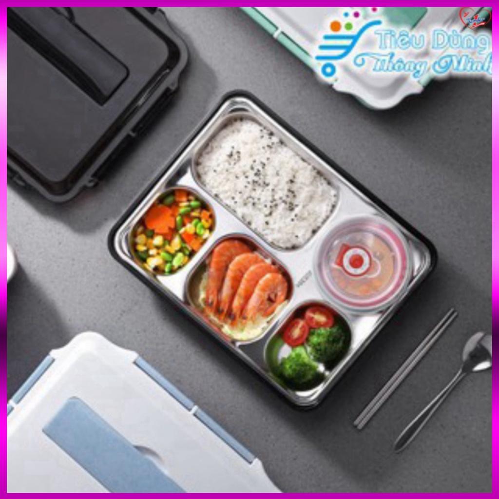 Hộp cơm văn phòng khay Inox 5 ngăn, có giá để điện thoại