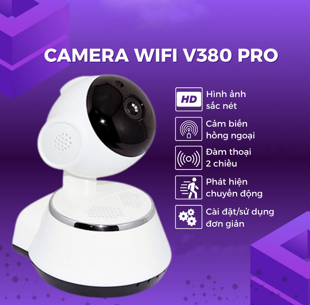 Camera giám sát v380 Pro FullHD 1080P Xoay 360 độ kết nối wifi xem từ xa qua điện thoại - CCTV hồng ngoại ban đêm - cảnh báo chuyển động - Đàm thoại hai chiều - Xem lại - Cài đặt đơn giản.