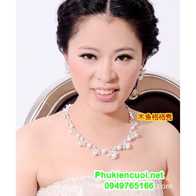 Bộ trang sức cô dâu xi mạ kim loại đính hạt trai