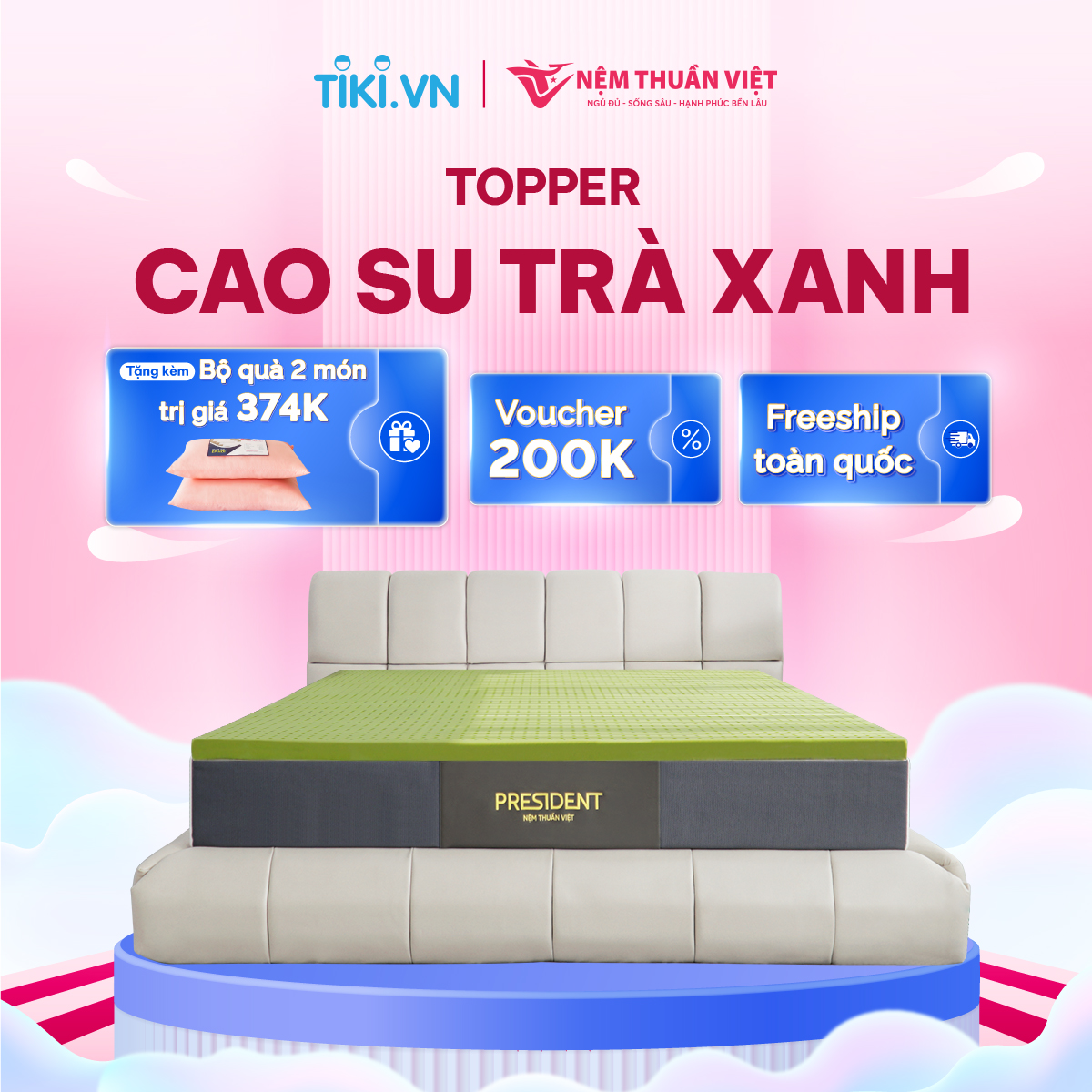 Topper cao su trà xanh Thuần Việt - Topper Nệm Cao Su Thiên Nhiên, Tăng độ êm ái khi nằm, Đàn Hồi, Kháng Khuẩn