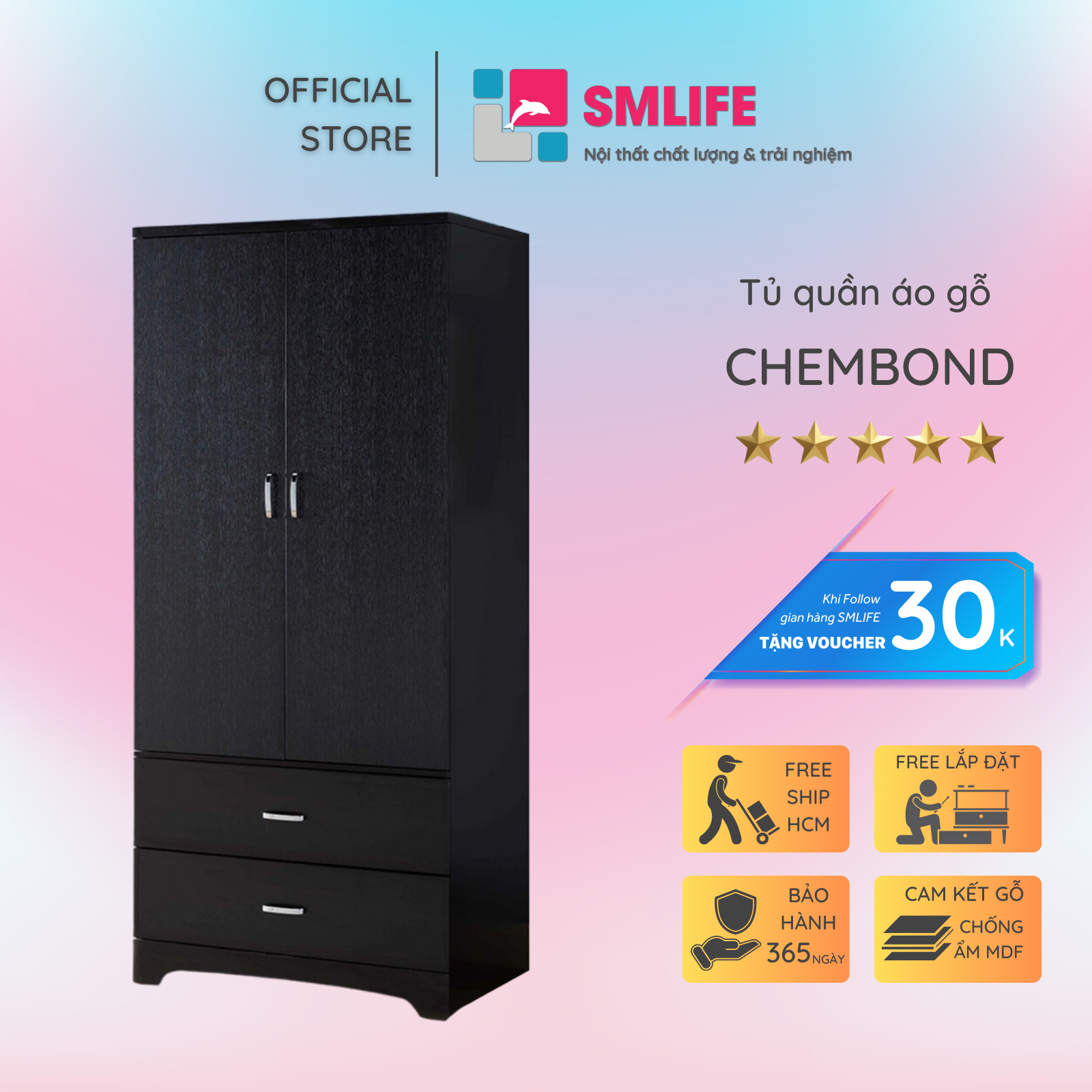 Tủ quần áo gỗ hiện đại SMLIFE Chembond  | Gỗ MDF dày 17mm chống ẩm | D80xR50xC180cm