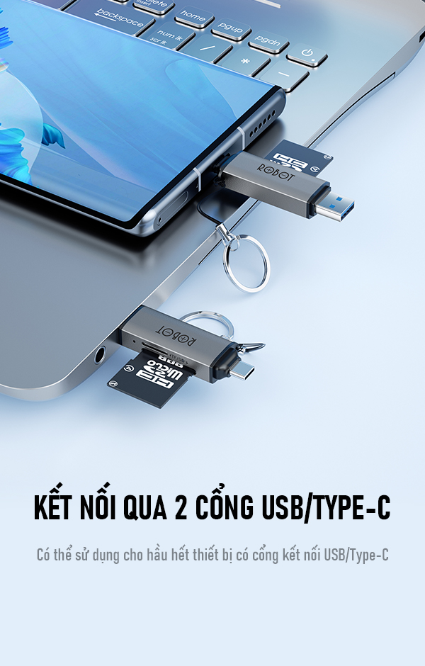 Thiết Bị Đọc Thẻ Nhớ ROBOT CR202S - 2 Đầu Type-C Và USB 3.0, Khe Cắm Thẻ Nhớ SD/Micro SD - Hàng Chính Hãng