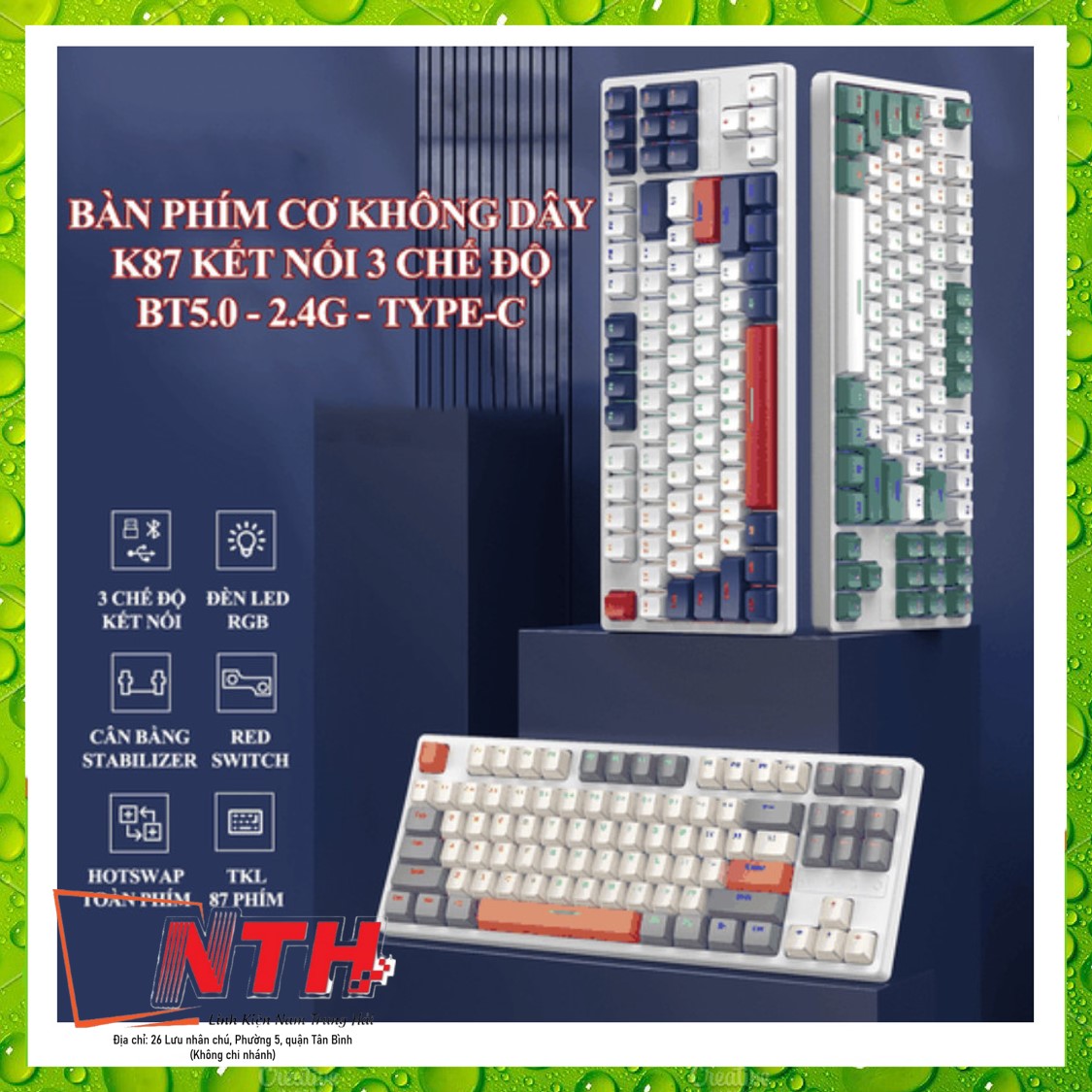 Bàn phím cơ K87 có dây 87 phím Redswitch Cáp Type C rời nhỏ gọn chuyên chơi game