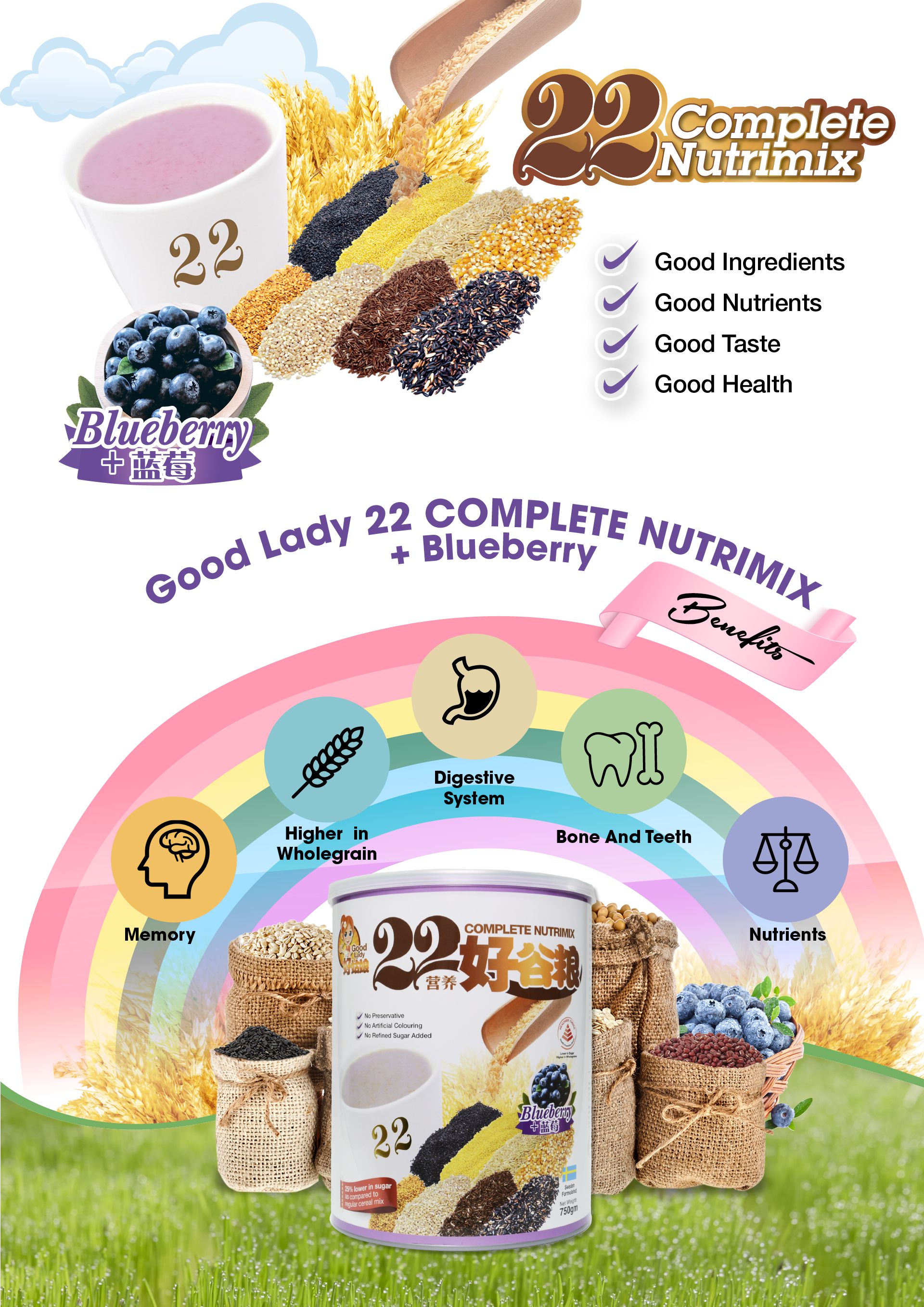 Combo 2 hộp bột ngũ cốc dinh dưỡng cao cấp 22 Complete Nutrimix - Blueberry ( vị Việt Quất) 750g hộp + Tặng 1 hộp Wheat Grass (Mầm lúa mì) 250g