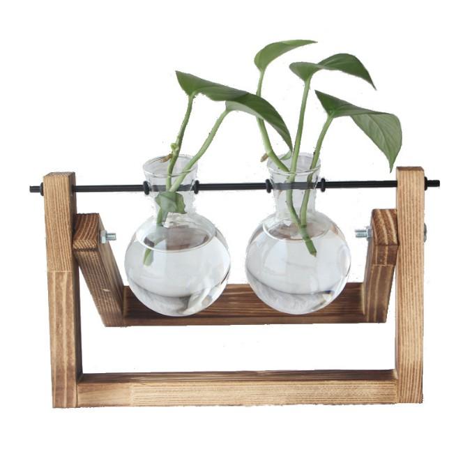 KHO-HN * Bộ chai thủy tinh và giá treo theo phong cách Vintage để trồng cây thủy sinh trang trí - gỗ nâu cháy