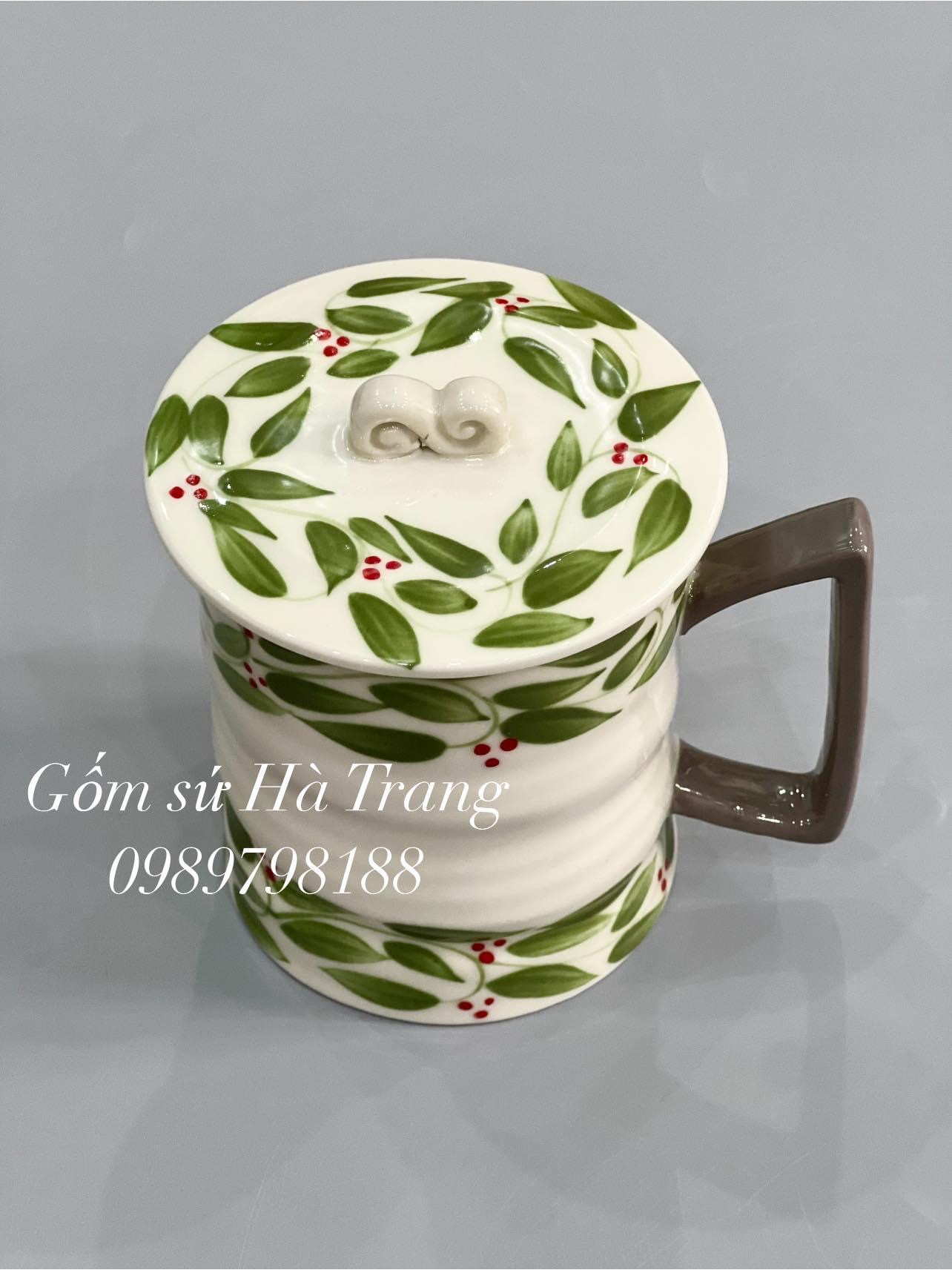 Cốc vuốt tay xuất dư dung tích lớn 500ml gốm sứ Bát Tràng cao cấp vẽ tay