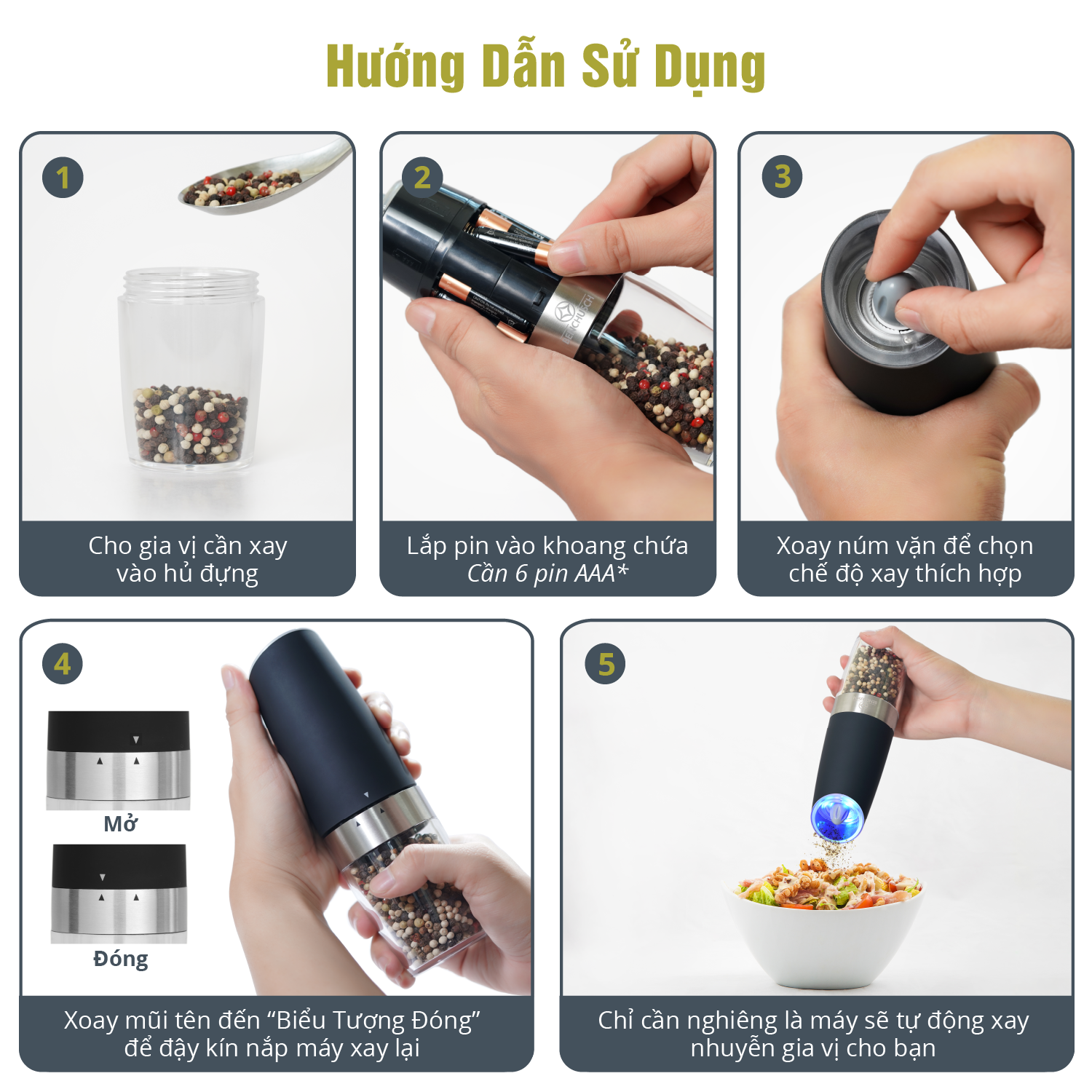 Máy Xay Tiêu Bằng Pin Tự Động Benchusch 6 Pin - Hàng Chính Hãng