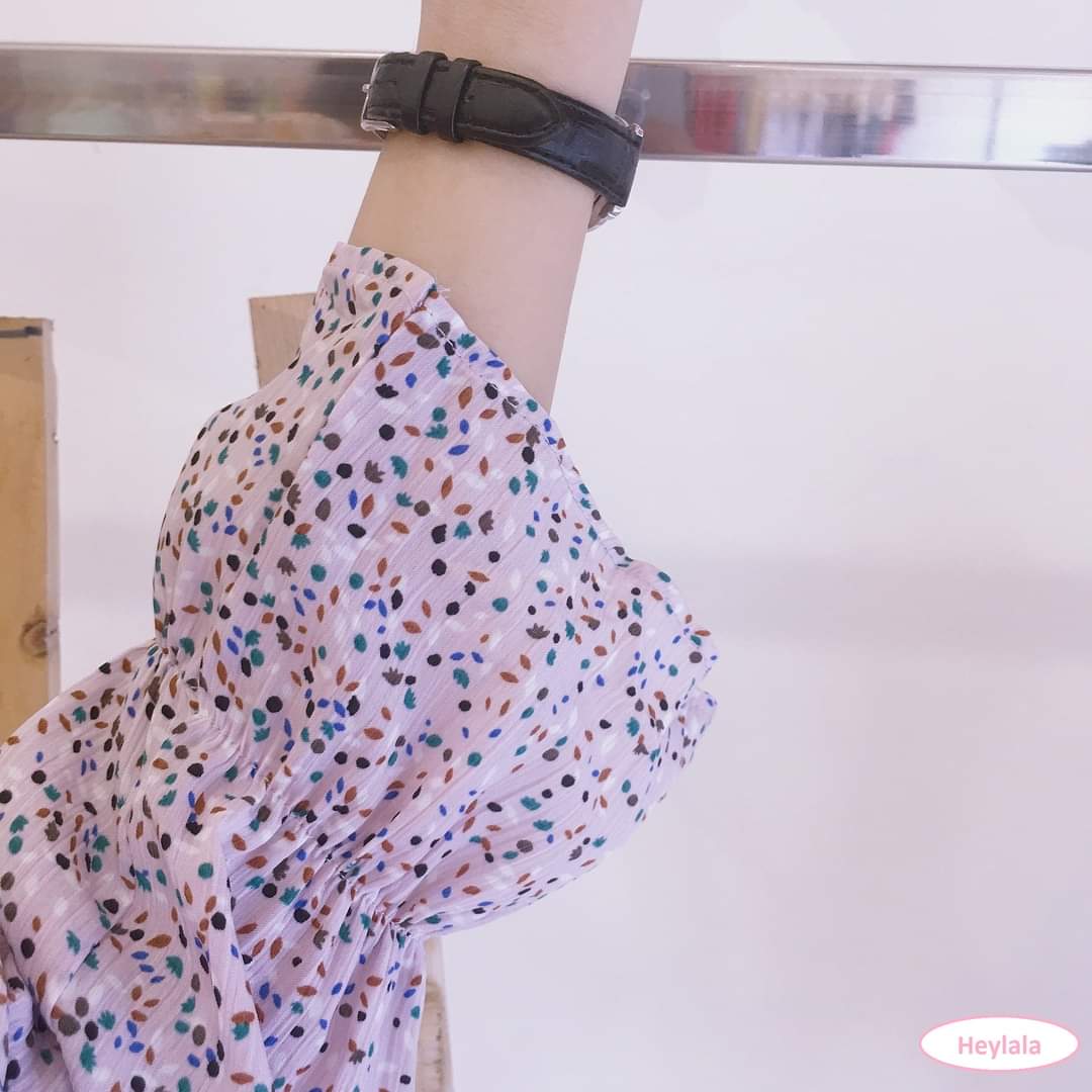 Áo kiểu tay bèo cổ thắt nơ họa tiết chấm bi cách điệu Hàn Quốc