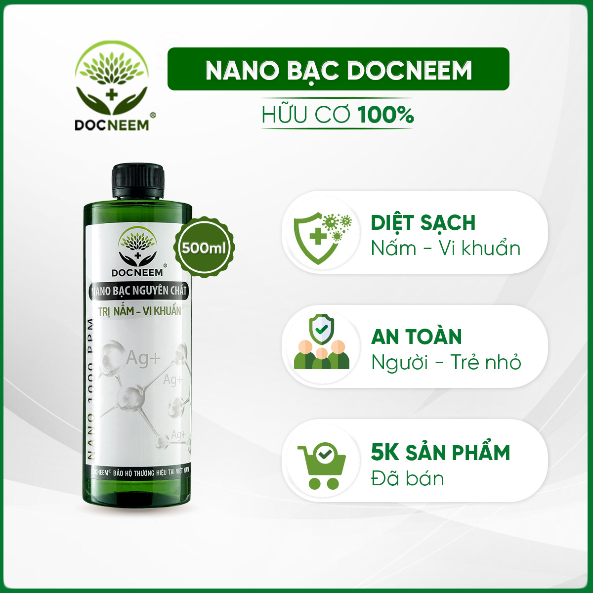 Nano bạc DOCNEEM nguyên chất trị nấm, vi khuẩn, virus cho cây hoa hồng, phong lan, trầu bà, monstera,  cây cảnh trong nhà và ngoài trời, hàng chính hãng, chai 500ml