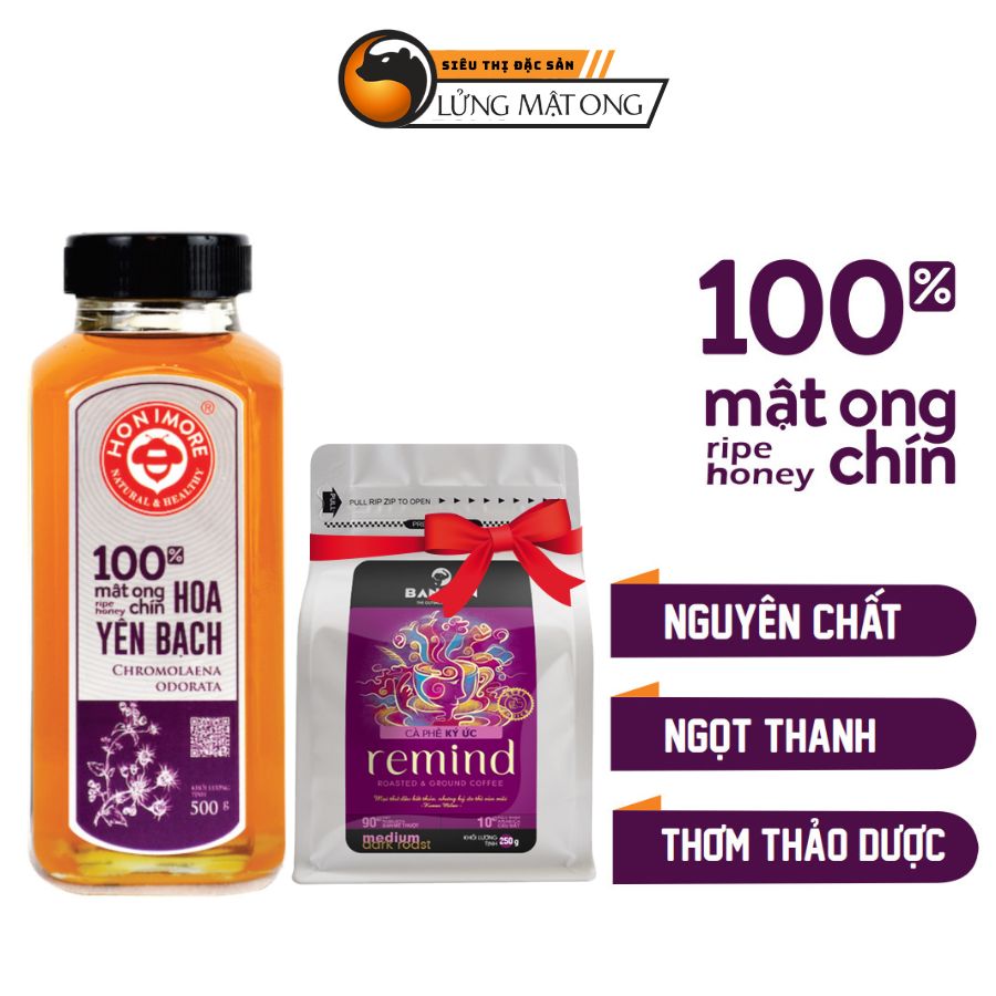 Mật ong chín Honimore Hoa Yên Bạch 500g + Cà phê rang xay nguyên chất mộc sạch Bandon Remind 250g