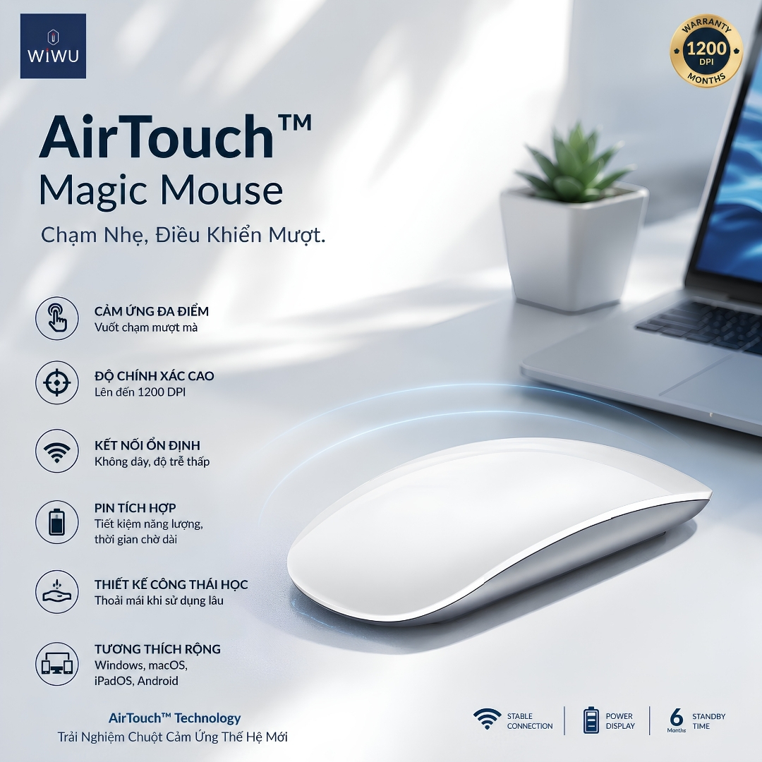 Chuột không dây Công nghệ AirTouch Magic Mouse Silent Click Êm Ái WiWU WM103 - Bluetooth 5.1 | Sạc Type-C | Silent Click | 3 Mức DPI – Tương Thích MacBook iPad Windows Android - hàng nhập khẩu