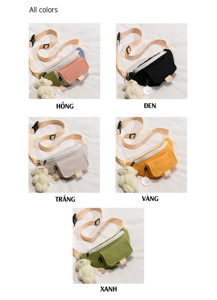 Túi Bao Tử Đeo Chéo Canvas Mini Màu Pastel Trẻ Trung Thời Trang Tặng Kèm Gấu Bông Treo Túi