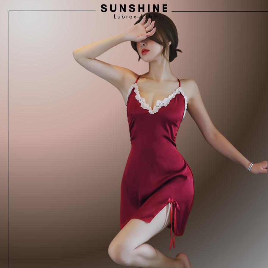 Váy ngủ lụa cao cấp phối ren sexy Đầm ngủ lụa 2 dây sexy màu đỏ dành cho nữ Sunshine Lubrexlubo VL1045