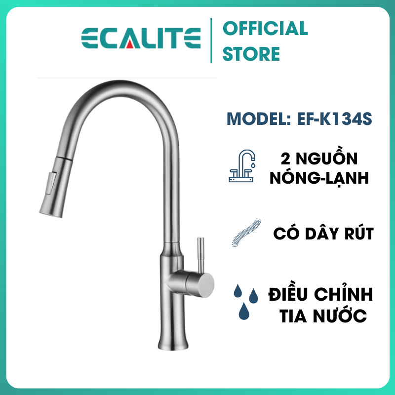 Vòi Rửa Chén Nóng Lạnh Pull-down Ecalite EF-K134S - Có Dây Rút - Điều Chỉnh Tia Nước - Inox 304 Siêu Bền - Hàng Chính Hãng