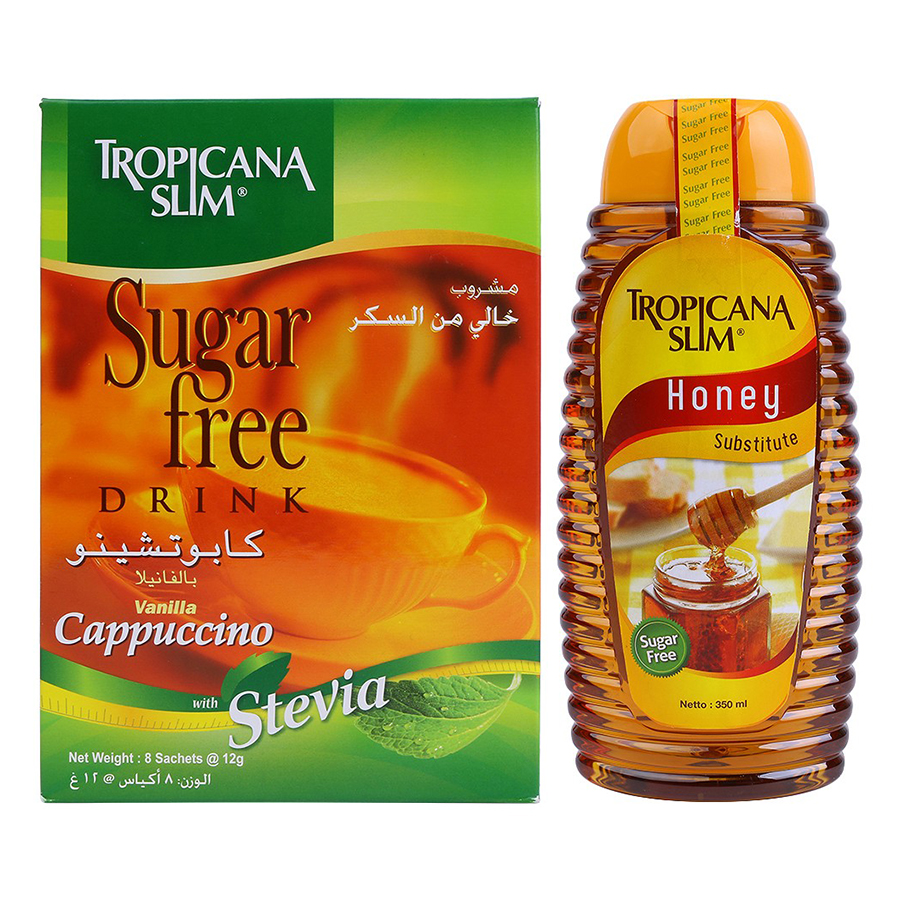 Combo Tropicana Slim: Mật Ong Ăn Kiêng Sugar Free (350ml) + Cà Phê Ăn Kiêng Cappuccino Với Chiết Xuất Cỏ Ngọt (8 Gói x 12g)